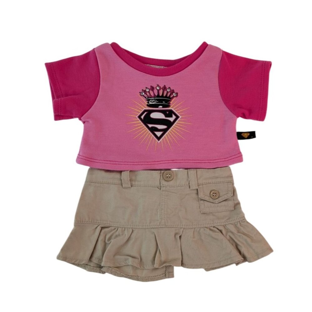 Build-A-Bear Clothes Supergirl Pink Shirt Khaki Skirt‎ DC Comics Outfit BABW